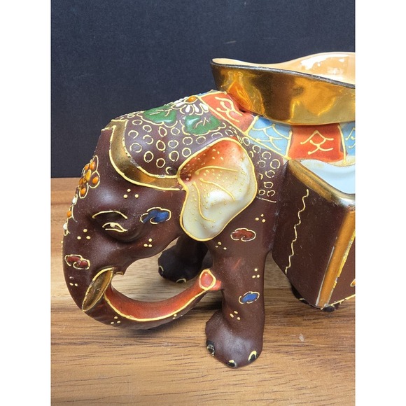 Vintage Satsuma Moriage Elephant Figurine Japanese Cigarette Holder & Ashtray